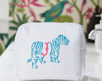 Tiger Embroidered Monogram Waffle Cosmetic Bag