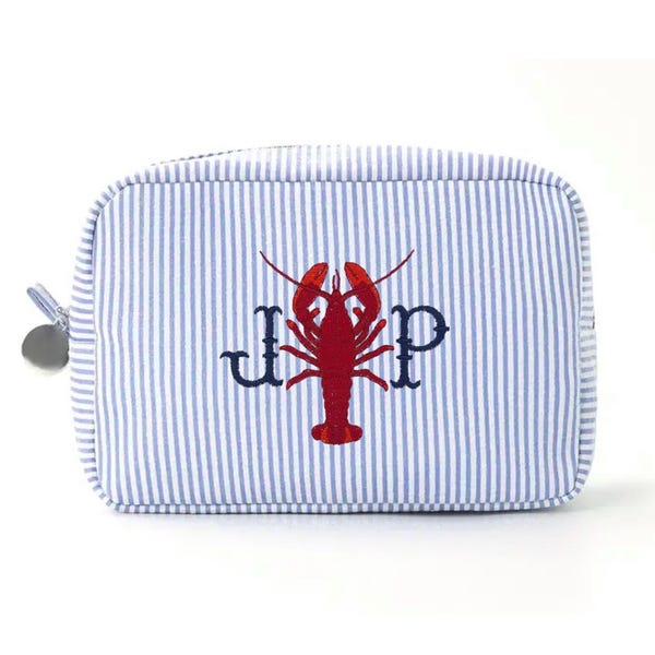 Embroidered Lobster Cosmetic Bag | Seersucker Lobster Makeup Bag with Initials