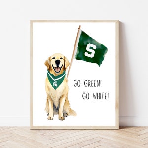 Arte de la acuarela del Golden Retriever del estado de Michigan. DESCARGA DIGITAL. Regalo impreso de exalumnos de estudiantes universitarios