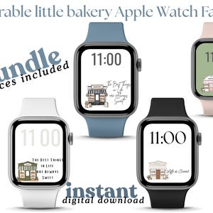 May include: An image showcases four Apple Watch faces with bakery-themed designs. Each watch displays the time 11:00 and features a different bakery illustration and the text "The Best Things in Life are Always Sweet" or "Life is Sweet". The watches have bands in white, blue, black, and pink.