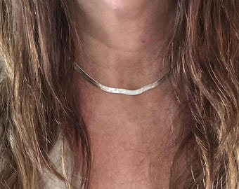 Sterling Silver 4mm Wide Flat Herringbone Choker Minimalist Layering Necklace Simple Silver Flat Snake Necklace Waterproof Layering Chain
