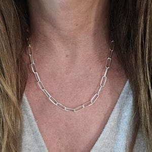 Pu&ograve; includere: Una collana a catena d'argento con maglie rettangolari allungate. La collana &egrave; indossata intorno al collo e le maglie sono visibili sulla pelle e sui vestiti. La catena &egrave; un gioiello semplice ed elegante.