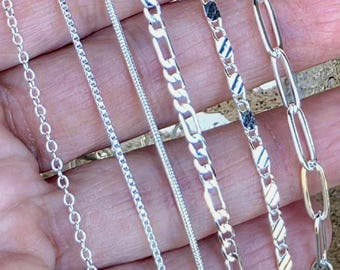 Solid 925 Sterling Silver Chains, Box, Snake, Figaro, Paperclip, Mariner, Cable Chain Necklace