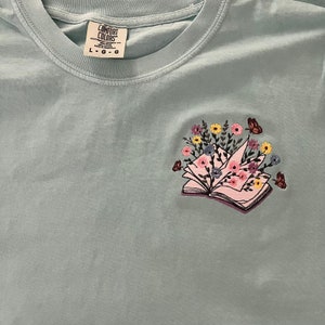 Embroidered Comfort Colors Book Tee Shirt, Floral Book Lover Shirt, Book Club T-Shirt, Book Lover Embroidered Gifts for Her, Bookworm Shirt