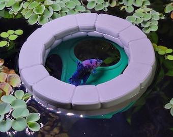 Floating Betta Feeding Ring & Hammock Hide, Fish Feeding Portal, Aquarium Plant Corral, Stone Well Style