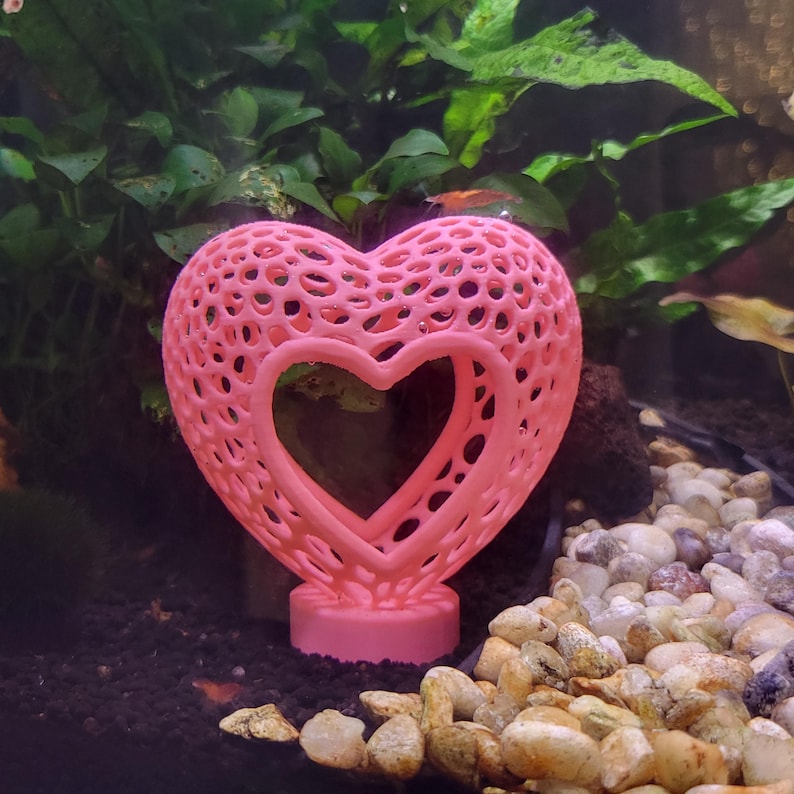 Heart Aquarium Hide - Fish & Shrimp Cave - Voronoi Sculpture - Valentine Fish Tank Decor Pink Open Heart