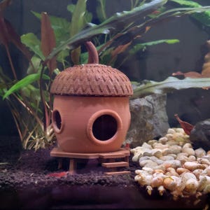 May include: A terracotta acorn-shaped fish tank decoration with two round openings and a small platform with steps. The decoration is surrounded by small white pebbles.