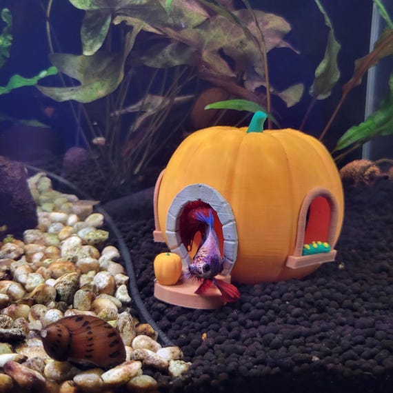 Pumpkin House Aquarium Hide - Betta & Shrimp Cave - Halloween and Autumn Fish Tank Decor