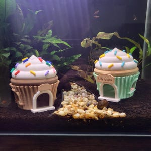 Cupcake Fairy House Aquarium Hide — Fish Tank Cave for Betta & Shrimp — Candy and Dessert Theme Decor