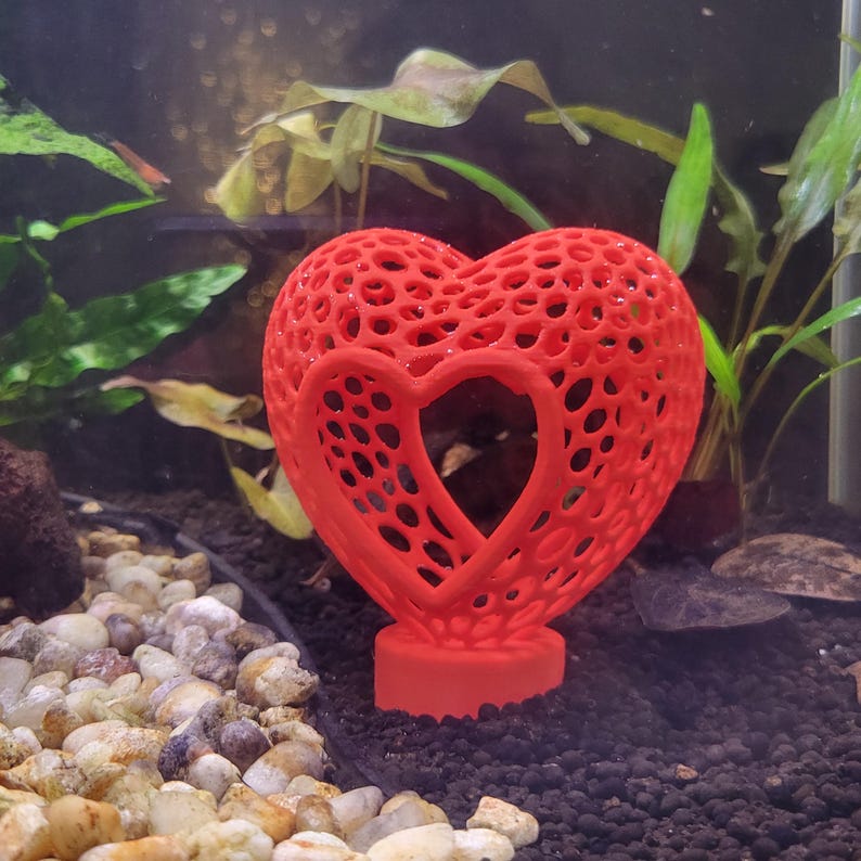 Heart Aquarium Hide - Fish & Shrimp Cave - Voronoi Sculpture - Valentine Fish Tank Decor Red Open Heart
