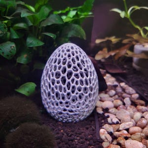 May include: A light gray, egg-shaped decorative object with a honeycomb pattern. The object is placed in an aquarium with green plants and small rocks in the background. The egg is approximately 4 inches tall.