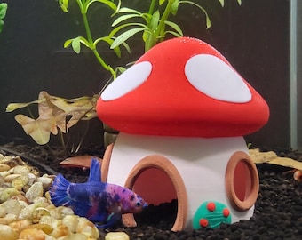 Mushroom House Aquarium Hide - Fish Tank Cave for Betta & Shrimp - Fairy Garden Decor
