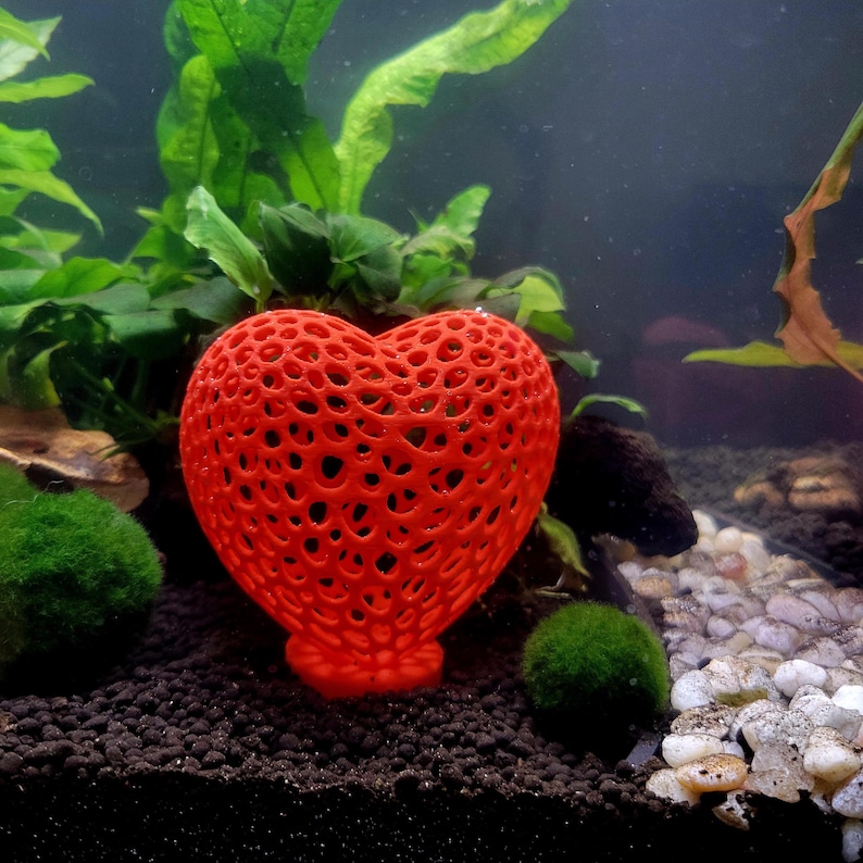 May include: A red heart-shaped, 3D printed, decorative object with a lattice design. The object is sitting on a bed of gravel and moss in a fish tank.