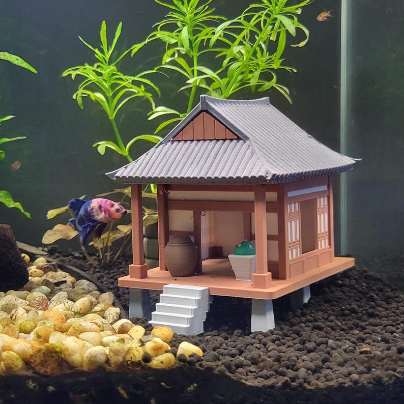 Asian House Aquarium Hide - Betta & Shrimp Cave - Korean Hanok Fish Tank Decor image 1