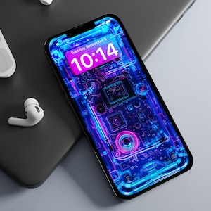 May include: A blue and pink glowing phone with a transparent screen showing a digital clock displaying "Tuesday, September 6, 10:14".