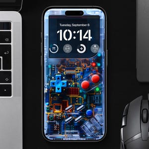 以下が含まれることがあります： ゲームボーイのデザインが施された透明な携帯電話ケース。携帯電話の画面には、9月6日火曜日10:14の時間が表示されています。
