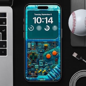 Puede incluir: Un teléfono inteligente azul y verde con un diseño de placa de circuito y un reloj digital que muestra "Martes, 6 de septiembre 10:14".