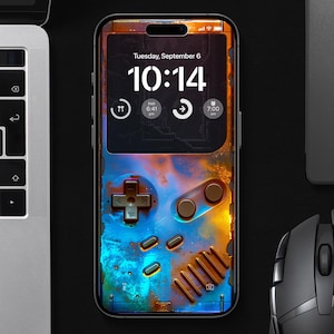 Puede incluir: Un teléfono inteligente con una pantalla personalizada que muestra un reloj digital y un diseño de mando de juego. La pantalla es un degradado de azul, naranja y amarillo. La hora es 10:14. El texto en la pantalla dice "Martes, 6 de septiembre".