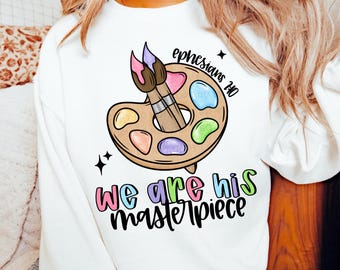 Somos su obra maestra PNG, Efesios 2:10, Sublimación cristiana PNG, Fe PNG, Paleta de arte PNG, Versículo bíblico PNG, Jesús retro PNG