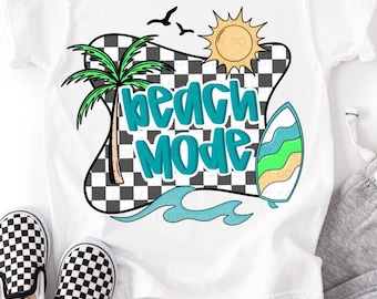 PNG de modo playa retro, PNG de niño surfeando, Sublimación de verano a cuadros, PNG de palmera, PNG de verano costero, Camisa de playa, descarga digital