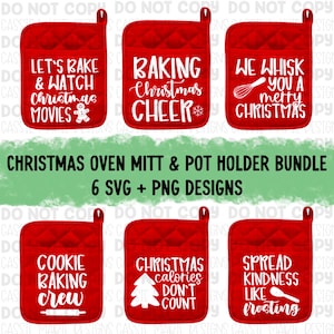 Może przedstawiać: Sześć czerwonych rękawic do piekarnika z białym tekstem i grafiką. Rękawice przedstawiają świąteczne powiedzenia, takie jak "Let's bake & watch Christmas movies", "Baking Christmas Cheer", "We whisk you a merry Christmas", "Cookie baking crew", "Christmas calories don't count" i "Spread kindness like frosting".
