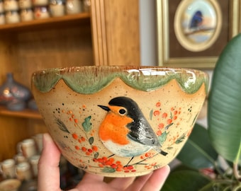 Handmade Hand-Painted Stoneware Bowl, Wheel Thrown Speckled Clay Ceramic Bowl - Robin