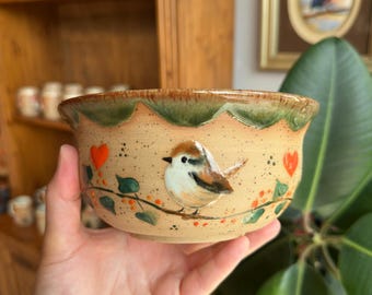 Handmade Hand-Painted Stoneware Bowl, Wheel Thrown Speckled Clay Ceramic Bowl - Sparrow
