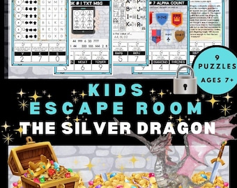Può includere: Un gioco di escape room per bambini, "The Silver Dragon", con nove enigmi per bambini dai 7 anni in su. L'immagine presenta carte puzzle, un forziere, un drago d'argento e un lucchetto. Il tema del gioco è l'avventura e il mistero.