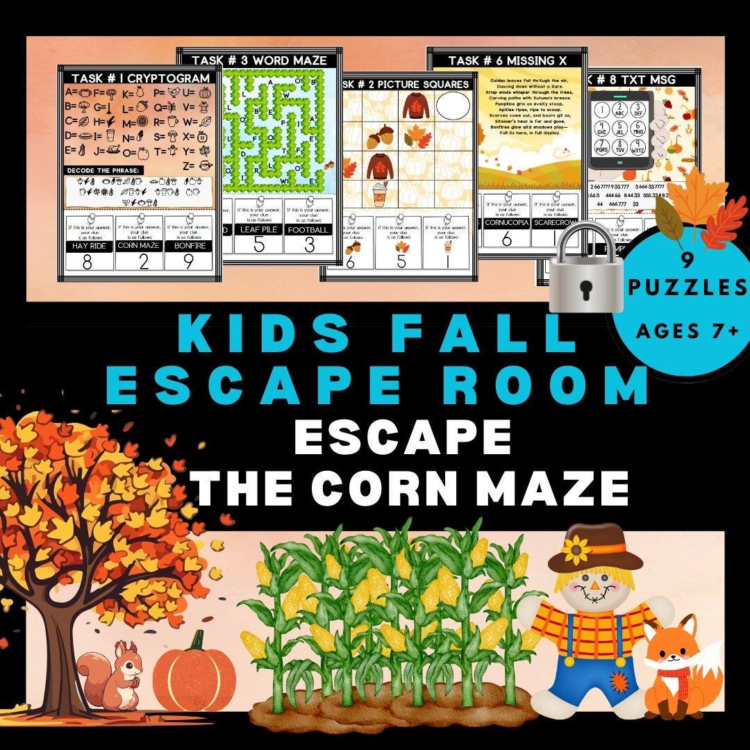 Fall Escape Room for Kids: Corn Maze Printable Puzzle Game (PDF