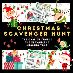 May include: A Christmas scavenger hunt game with a festive red and green color scheme. The game is titled "The Case of Tumble the Elf and the Missing Toys". The game includes a series of clues and riddles that lead players to hidden treasures.