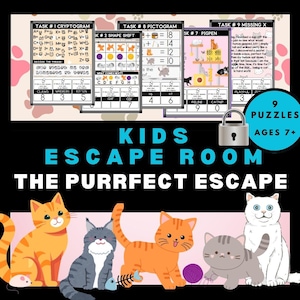 May include: A colourful printable escape room game for kids featuring cats. The game includes nine puzzles with a cat theme. The puzzles are designed for ages 7 and up. The game is called "Kids Escape Room: The Purrfect Escape".