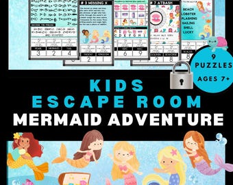 May include: A vibrant graphic for a children's escape room game. The design includes mermaid illustrations, puzzle prompts, and the text "Kids Escape Room Mermaid Adventure." The game is for ages 7+ and has 9 puzzles.