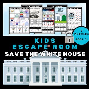 Könnte beinhalten: Ein farbenfrohes Lernspiel mit dem Titel "Kids Escape Room Save the White House" mit neun Rätseln für Kinder ab 7 Jahren. Das Bild zeigt das Weiße Haus, ein Vorhängeschloss und Puzzlespielkarten.