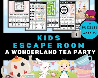 May include: A colorful escape room game for kids featuring a Wonderland tea party theme. The game includes nine puzzles, including a word maze, a text message puzzle, an arrow puzzle, an alphabet count puzzle, and an atbash wheel puzzle. The game is recommended for ages 7 and up.