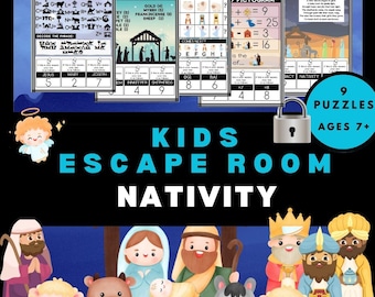 May include: A colorful image promoting a kids' escape room game with a Nativity theme. The design features puzzle cards, illustrations of biblical figures, and the text "KIDS ESCAPE ROOM NATIVITY." The game is for ages 7+ and includes 9 puzzles.