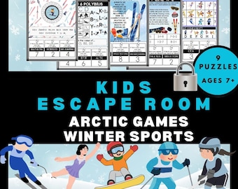 Op de afbeelding: Een kleurrijke poster voor een escape room-spel voor kinderen met een thema van Arctische Spelen. Het ontwerp bevat illustraties van wintersporten, puzzelkaarten en de tekst "KIDS ESCAPE ROOM ARCTIC GAMES WINTER SPORTS." Bevat 9 puzzels voor kinderen vanaf 7 jaar.