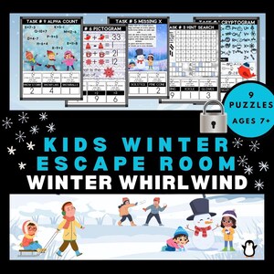 Puede incluir: Un gráfico colorido para un juego de escape room de invierno para niños. La imagen presenta rompecabezas, ilustraciones con temas de invierno y el texto "KIDS WINTER ESCAPE ROOM WINTER WHIRLWIND." Incluye el texto "9 PUZZLES AGES 7+".