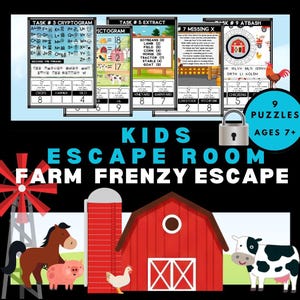 Könnte beinhalten: Grafik für ein Escape Room-Spiel für Kinder, "Farm Frenzy Escape". Das Bild zeigt Puzzles, eine rote Scheune, Nutztiere und den Text "9 Puzzles Ages 7+". Das Spiel beinhaltet Kryptogramme, Piktogramme und andere Herausforderungen.
