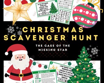 May include: A Christmas scavenger hunt game with a red and white Santa Claus, a green Christmas tree, and a gold star. The game is titled "The Case of the Missing Star".
