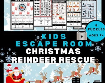 May include: A Christmas-themed escape room game for kids, featuring nine puzzles. The image shows Santa in a sleigh with reindeer, and the text "KIDS ESCAPE ROOM CHRISTMAS REINDEER RESCUE". Includes various puzzle types and is suitable for ages 7+.