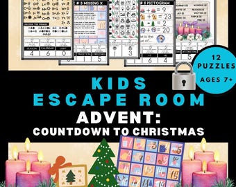 May include: A promotional image for a children's escape room advent calendar, featuring puzzle examples, a Christmas tree, candles, and the text "Kids Escape Room Advent: Countdown to Christmas." Contains 12 puzzles for ages 7+.