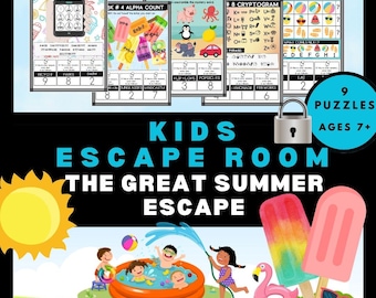May include: A colorful kids' escape room game titled "The Great Summer Escape." The image features puzzle cards, a summer scene with children in a pool, and popsicles. The game is for ages 7+ and includes 9 puzzles.