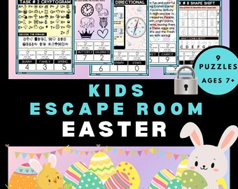 Puede incluir: Un juego de escape room imprimible y colorido para niños con temática de Pascua. El juego incluye nueve rompecabezas con un conejito de Pascua, huevos, zanahorias y otros símbolos de Pascua. El juego está diseñado para niños de 7 años en adelante.