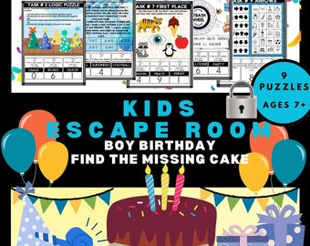 以下が含まれることがあります： 男の子の誕生日のための子供向け脱出ゲームを宣伝するカラフルな画像。デザインには、パズル、ろうそく付きのバースデーケーキ、風船、そして「KIDS ESCAPE ROOM BOY BIRTHDAY FIND THE MISSING CAKE」というテキストが含まれています。