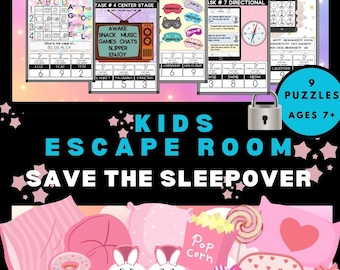 May include: A colorful graphic for a kids' escape room game, titled "Kids Escape Room Save the Sleepover." The image features puzzle cards, a lock, and illustrations of sleepover items like pillows, popcorn, and a donut. The game is for ages 7+.
