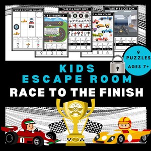 May include: A black and white graphic with the text "KIDS ESCAPE ROOM RACE TO THE FINISH". The image features a gold trophy, race cars, and puzzle game cards. The text "9 PUZZLES AGES 7+" is also visible.