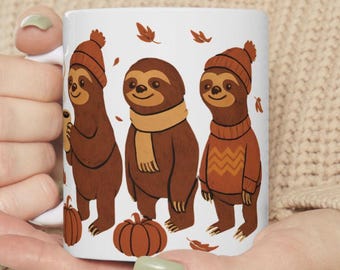 Niedliche Faultier Kaffeetasse, Herbst Geschenk, Kürbis Saison