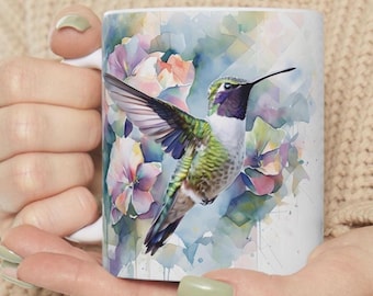 Watercolor Hummingbird Mug: Bird Art Coffee Cup
