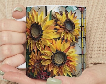 Stained Glass Sunflower Mug: 3D Effect Floral Coffee Cup