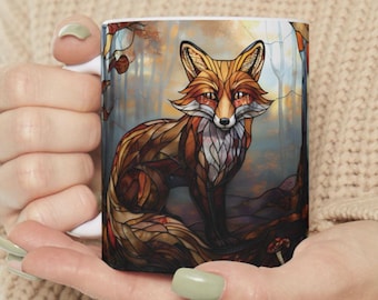 fox coffee cup, stained glass effect, cottagecore mug, woodland animal